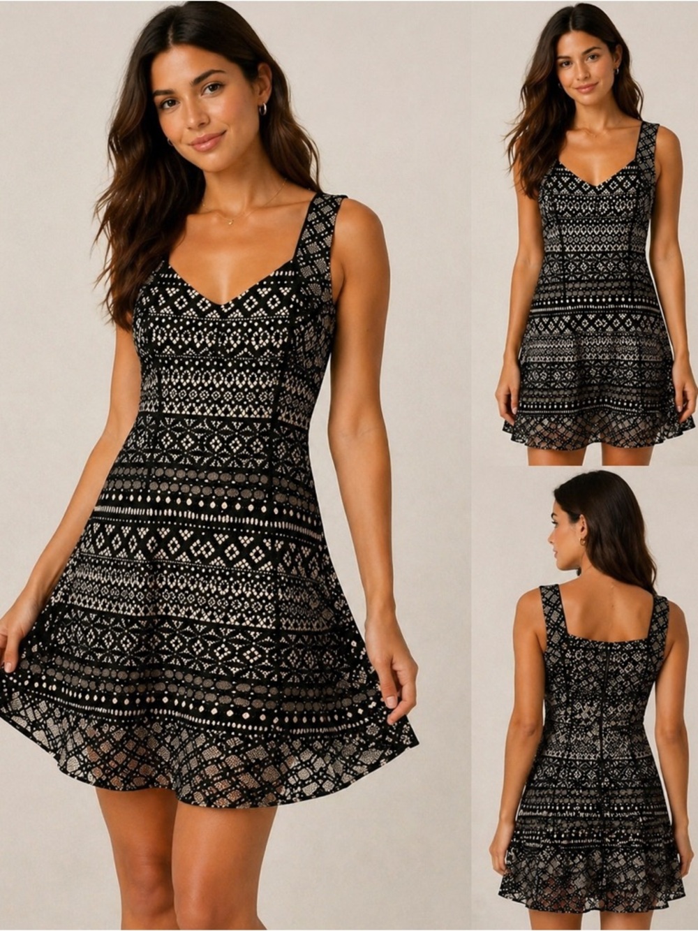 Donna Ricco Black & Cream Patterned Fit-and-Flare Mini Dress